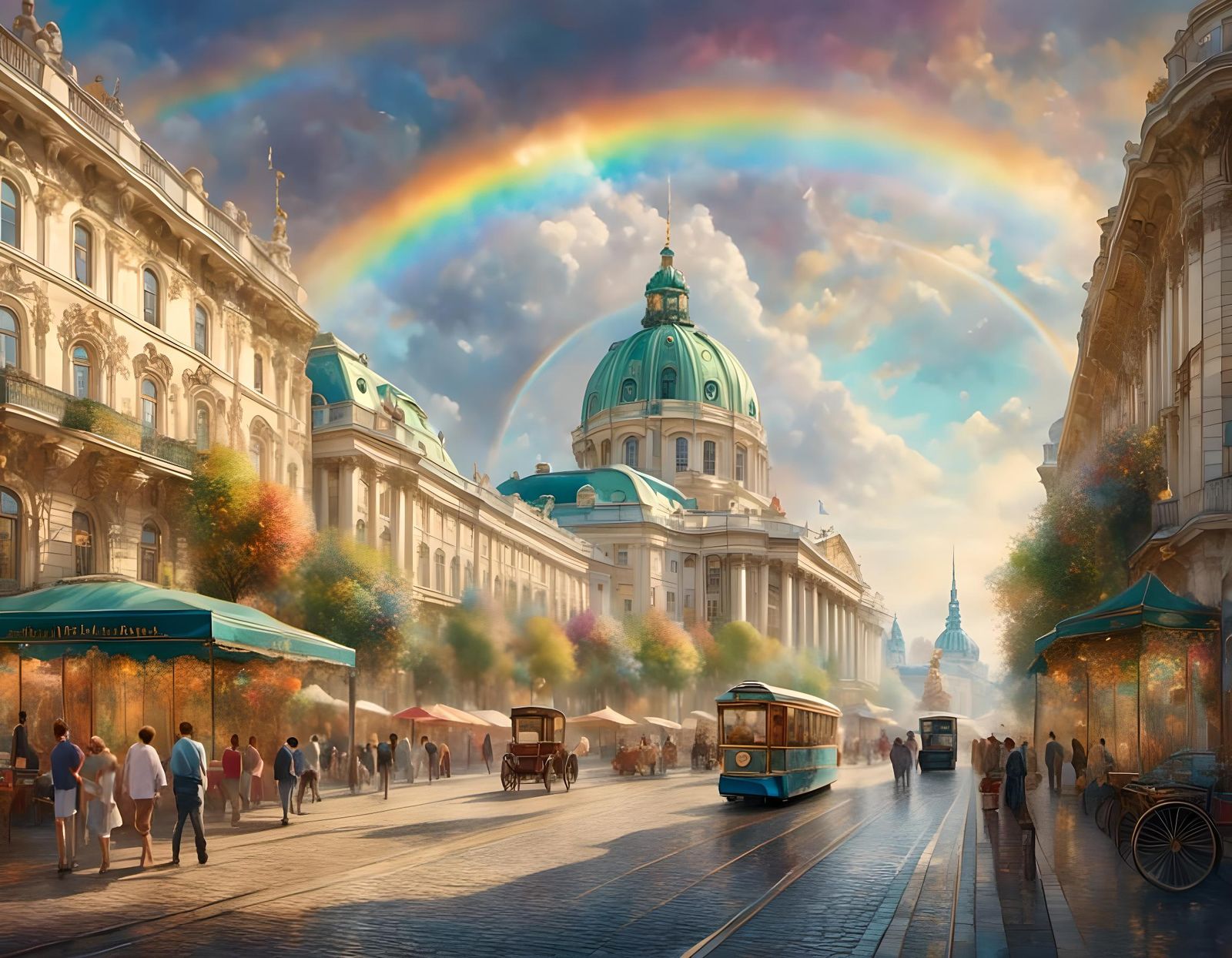 Dreamy Vienna Street Scene with Rainbow