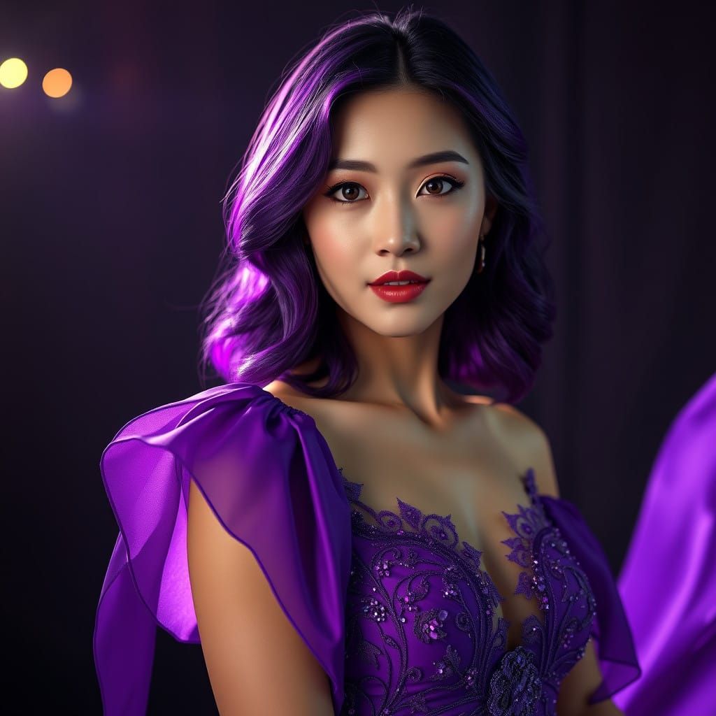 Exquisite Asian Beauty in Rich Purple Gown, Shot in 8K Cinem...