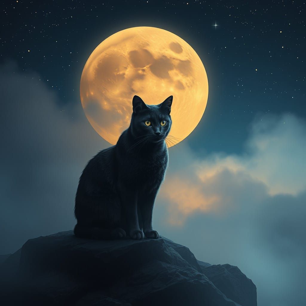 Mythic Grey Cat amidst Starry Night Sky