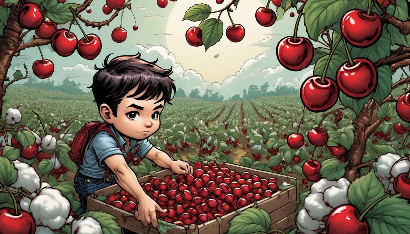 Chibi Male Picking Cherries: Comic Book Art