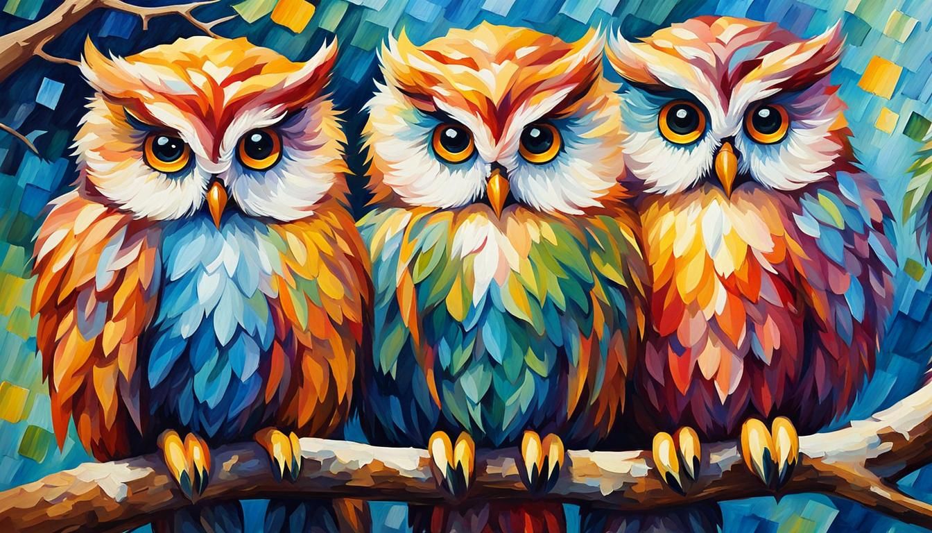Colorful Fluffy Owls in Neo-Impressionistic Oil Painting