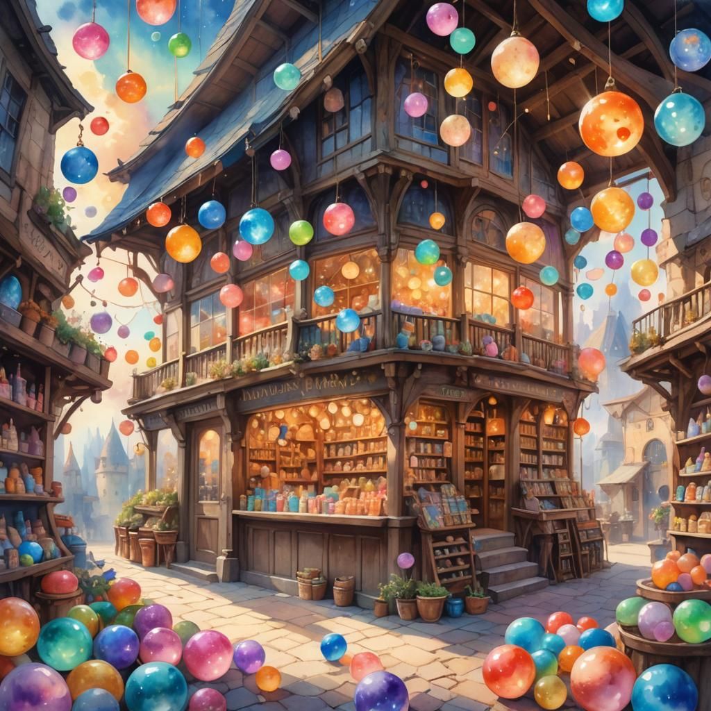 Magical Shop with Orbs in Watercolor Style
