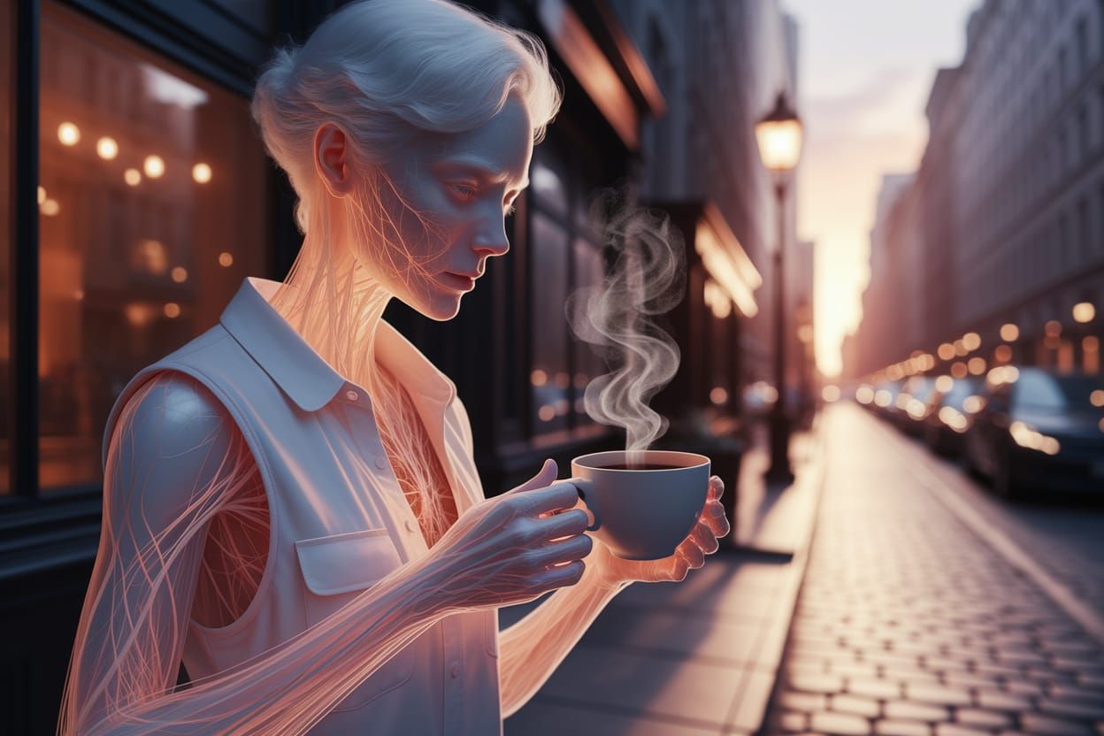 Ethereal City Dweller Sips Coffee in Hyper-Detailed Digital ...