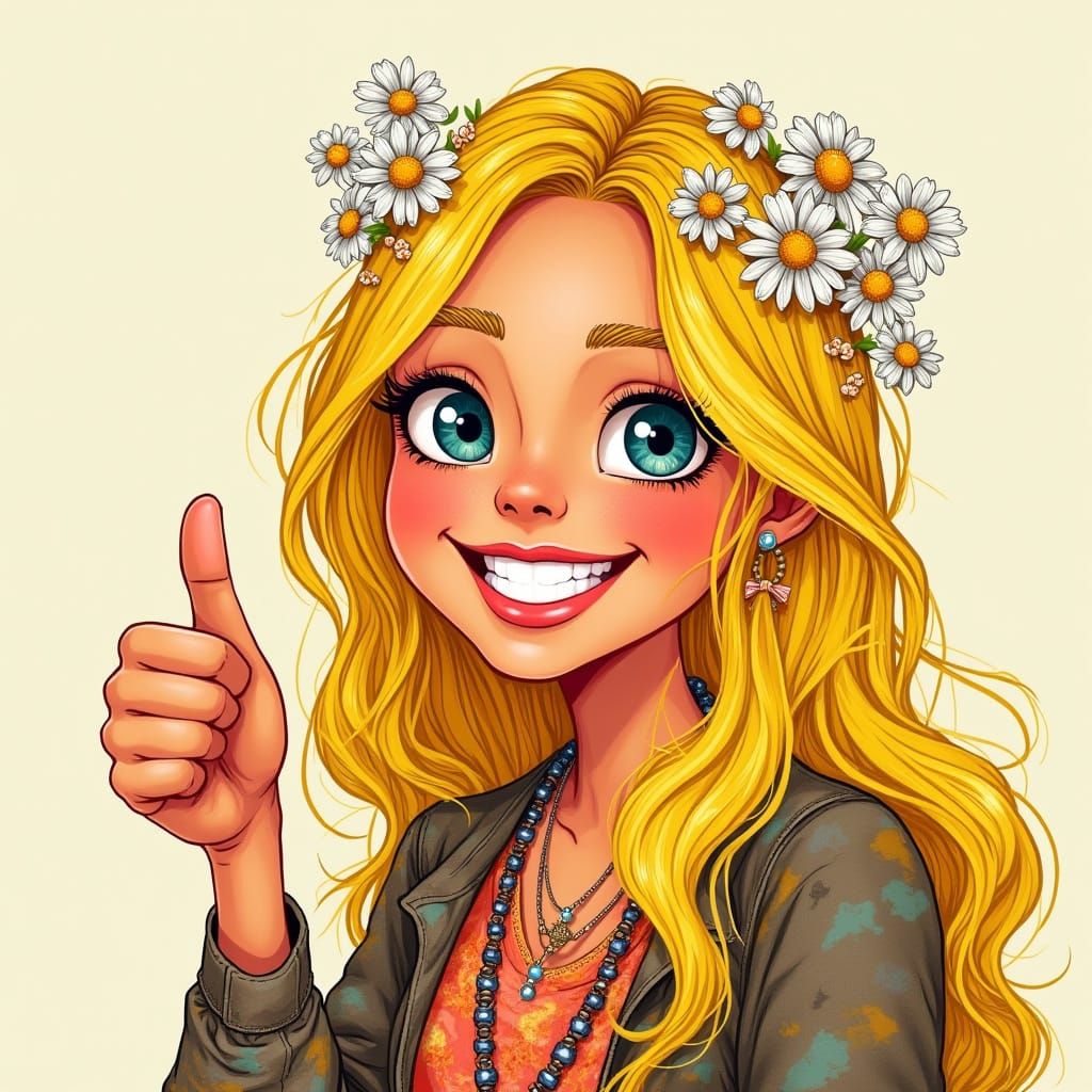 Joyful Hippie Woman in Vibrant Cartoon Art