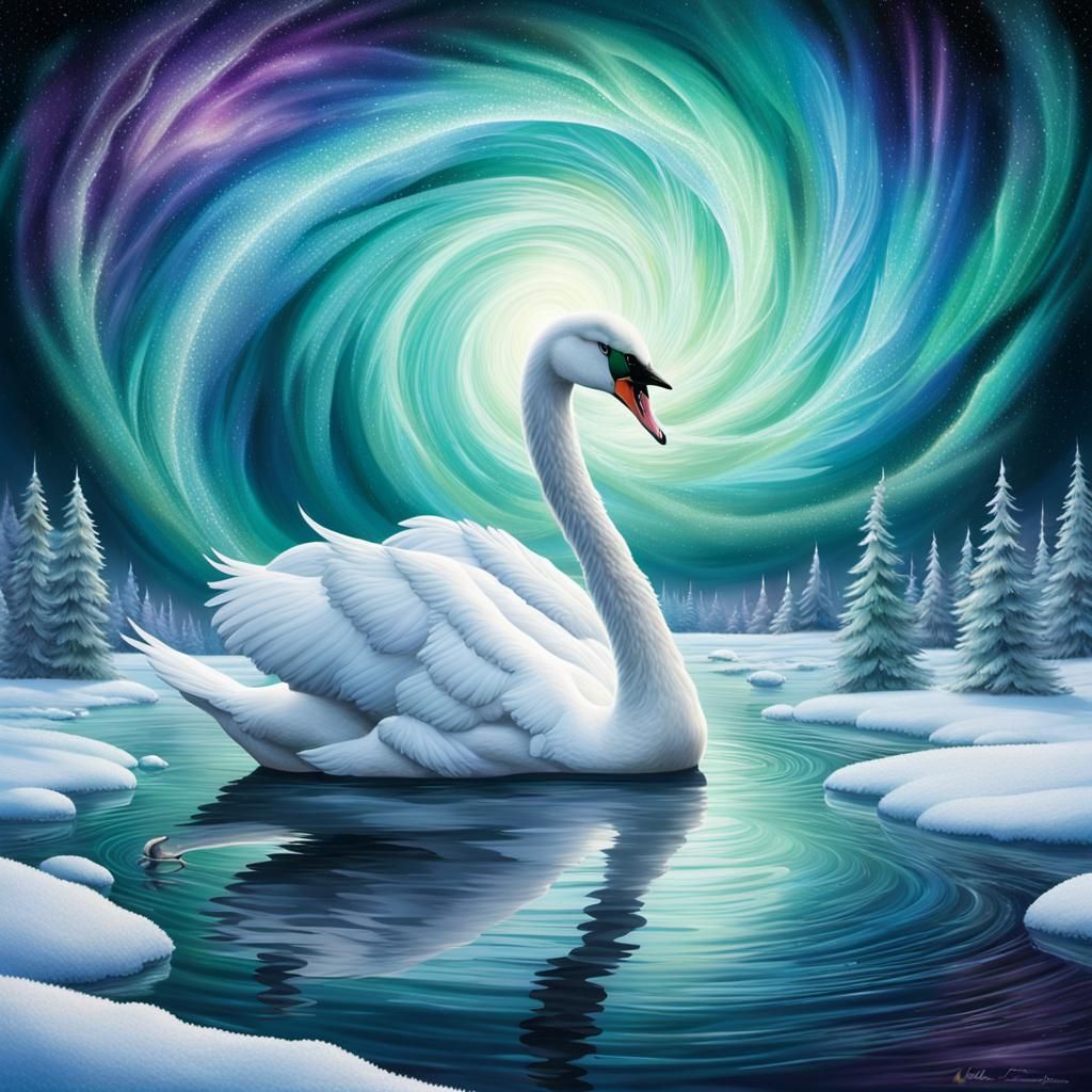 Regal Swan Queen Amidst Frosty Vortex in Vibrant Auroral Hue...