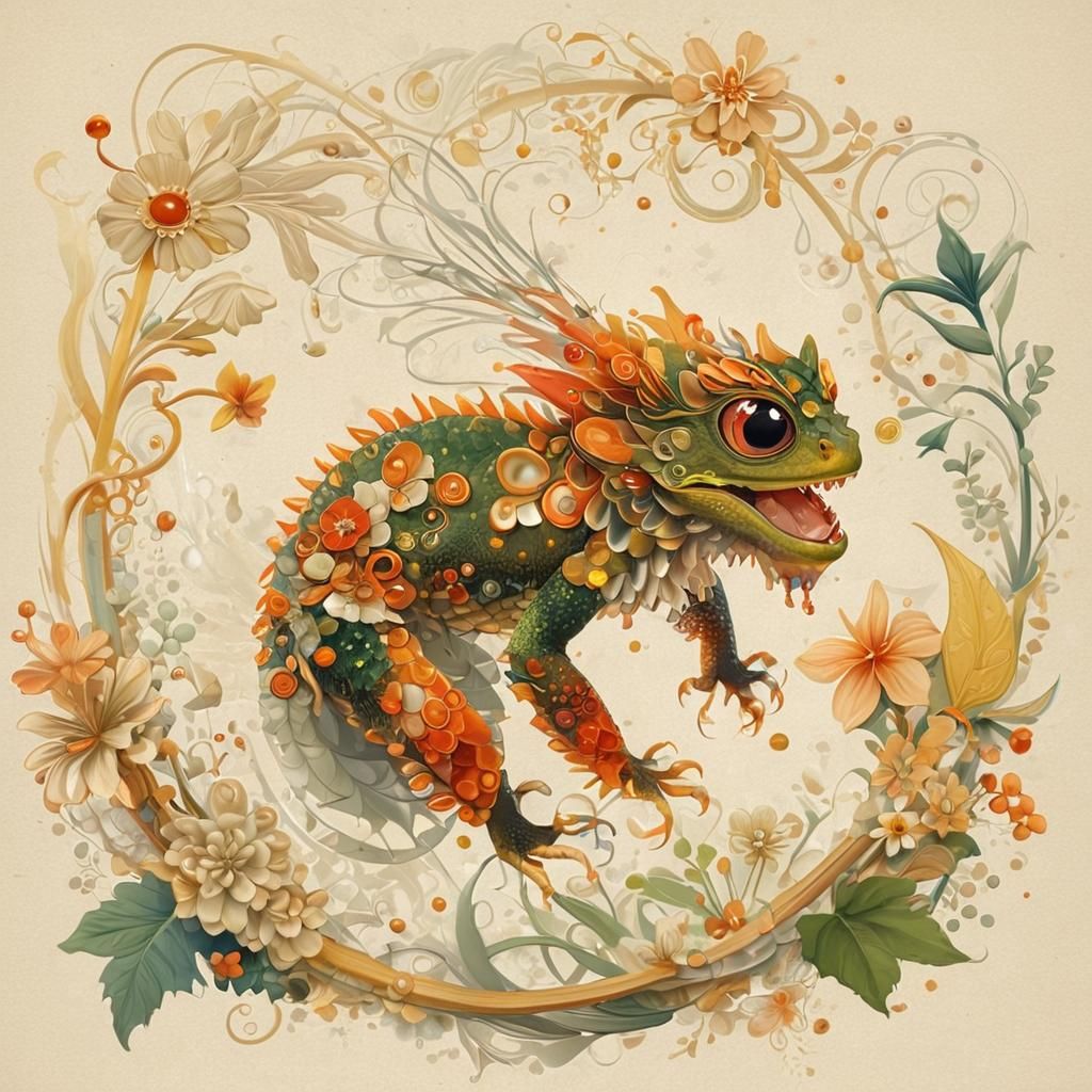 Chibi Lizard in Modern Ukiyo-e Style