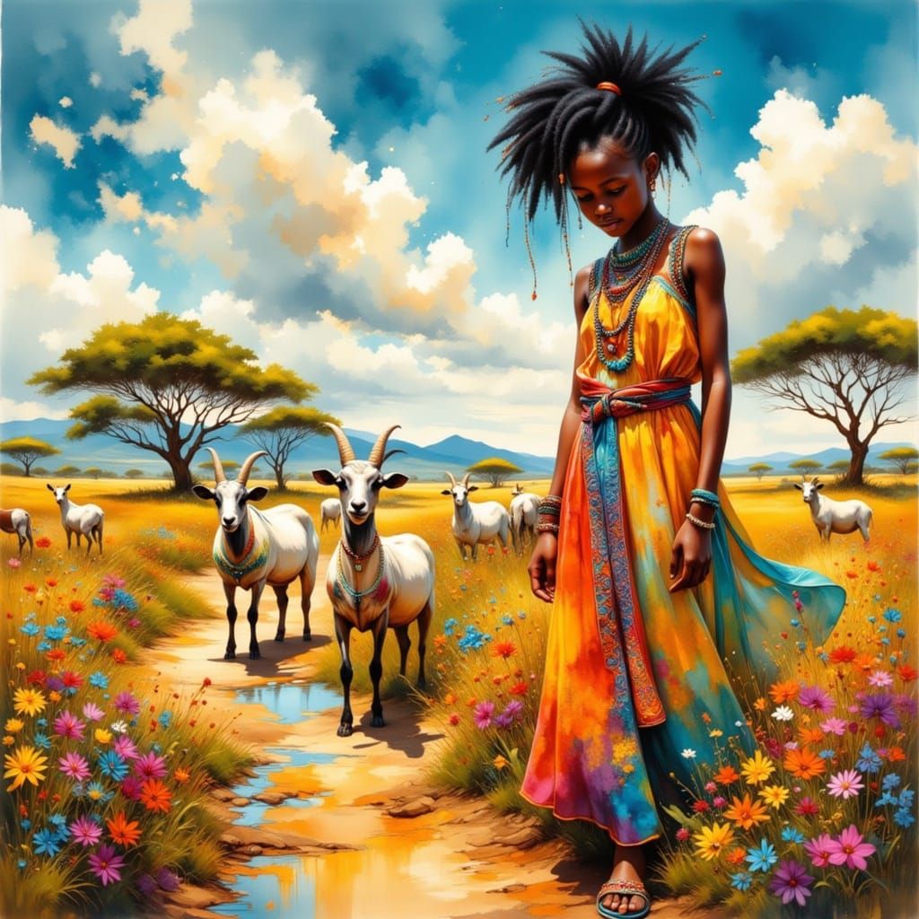 Surreal African Girl Walks Through Vibrant Savannah Landscap...
