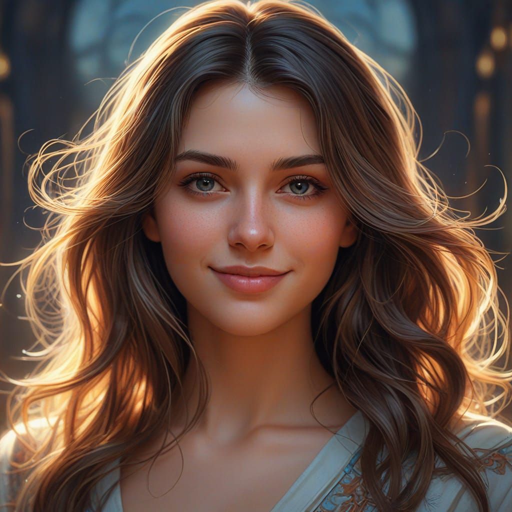 Beautiful Young Woman with Sparkling Eyes and Enigmatic Smil...