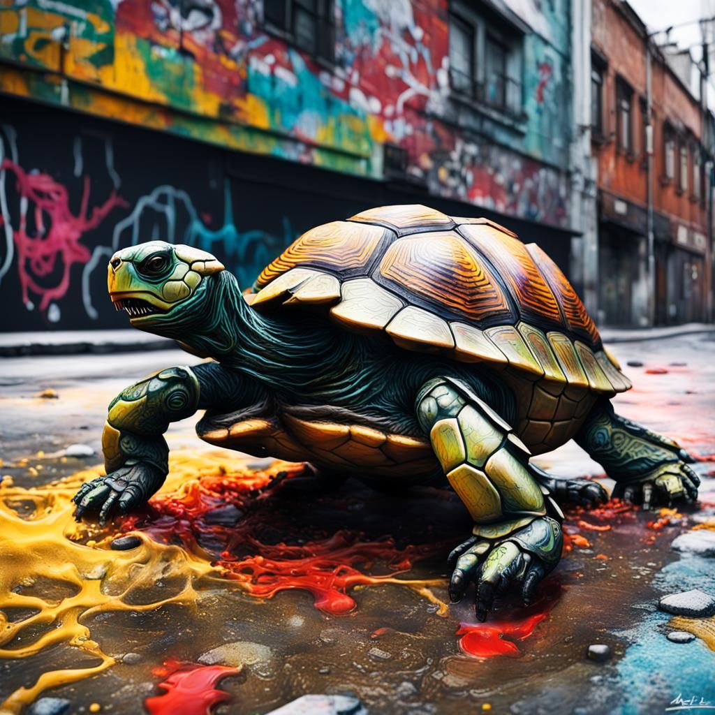 Cyberpunk Robotic Turtle Consuming Wires: Hyperrealistic Pho...