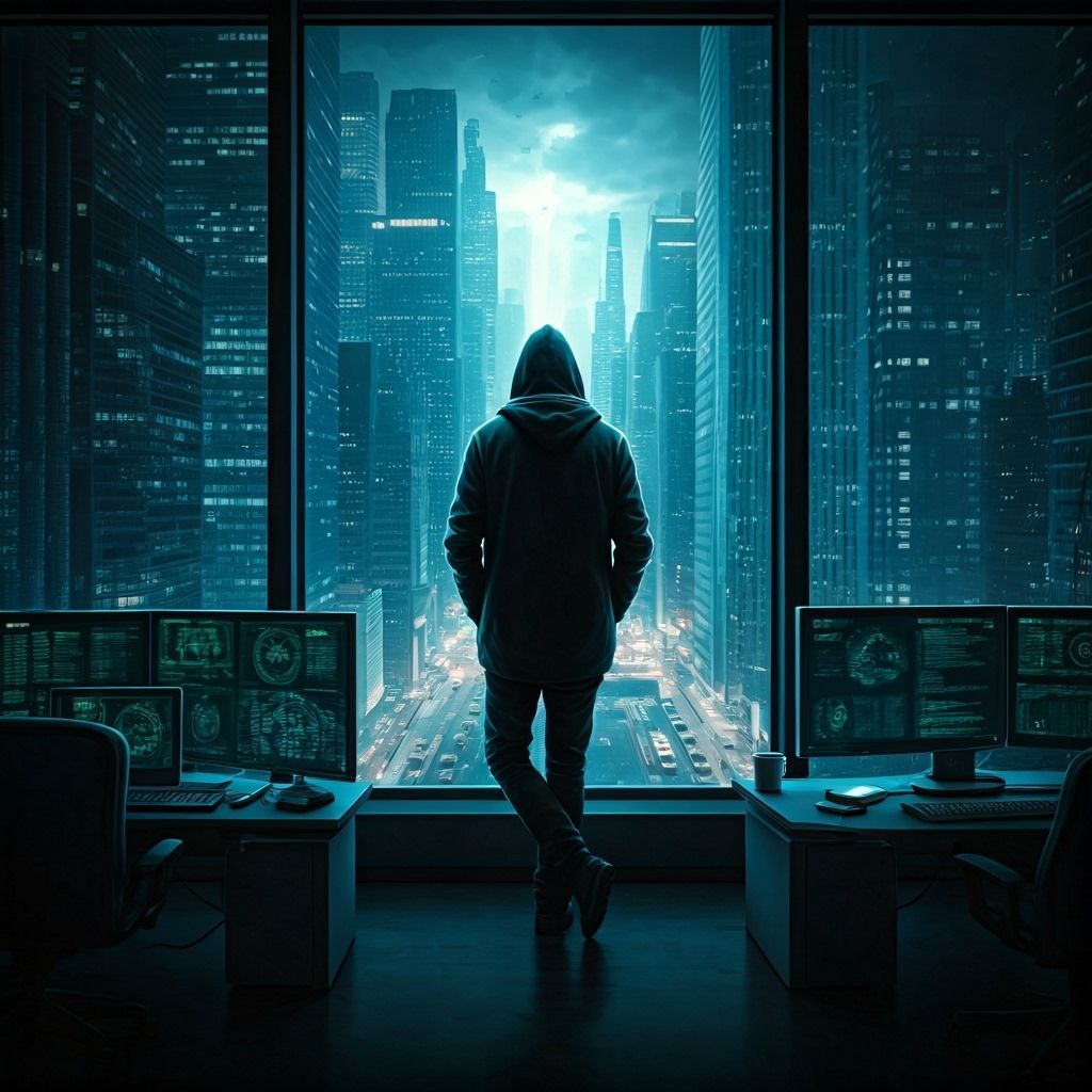 Hacker Overlooking City in Fantastical, Hyper-Realistic Styl...