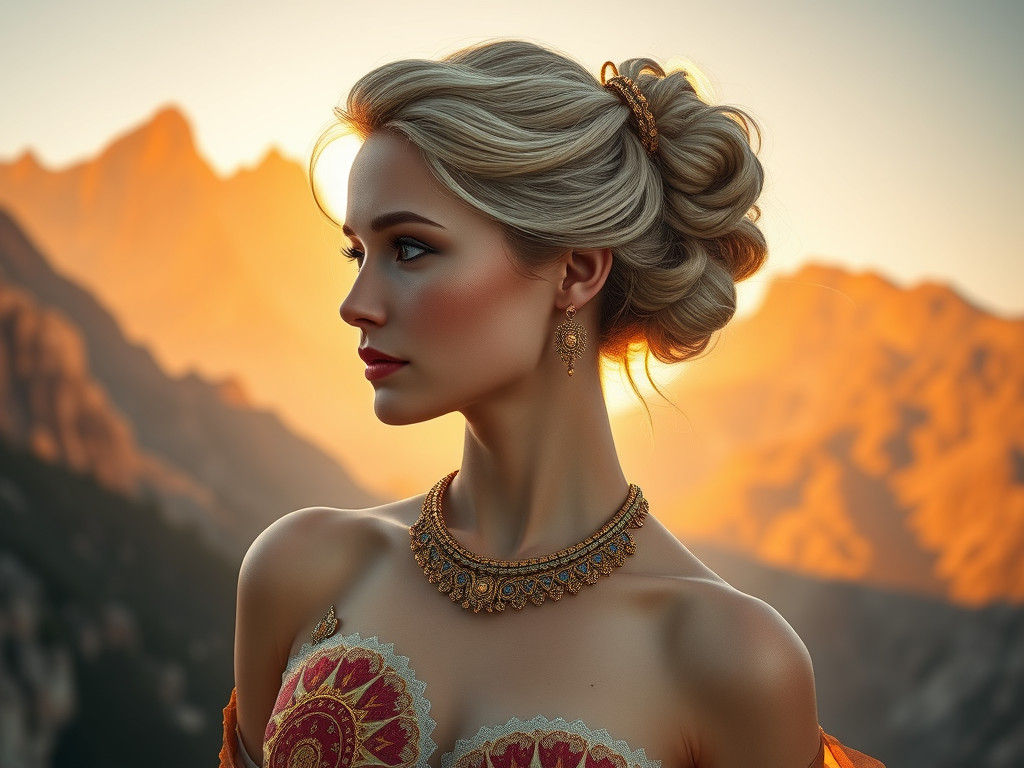 Regal Woman in Golden Jewelry, Mountain Backdrop