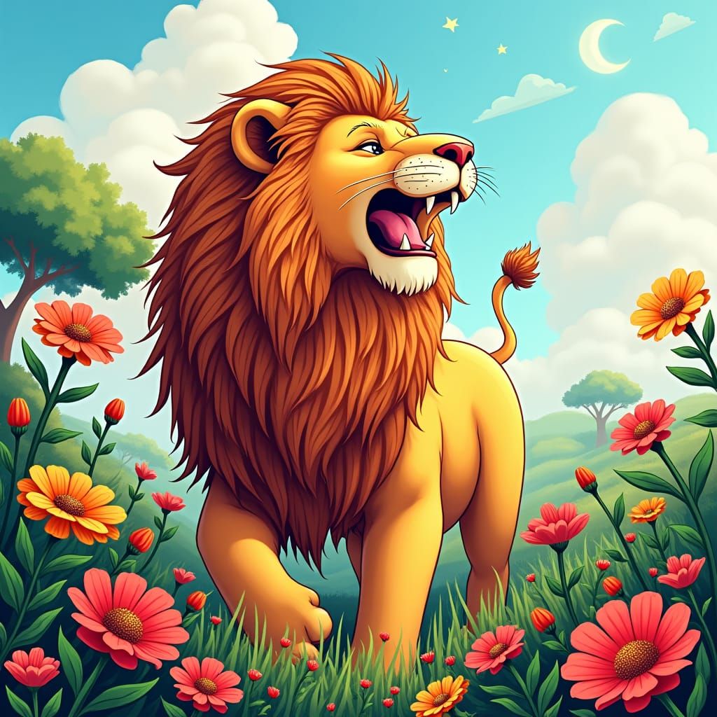 Joyful Lion Roar in Fantastical Savannah Coloring Page