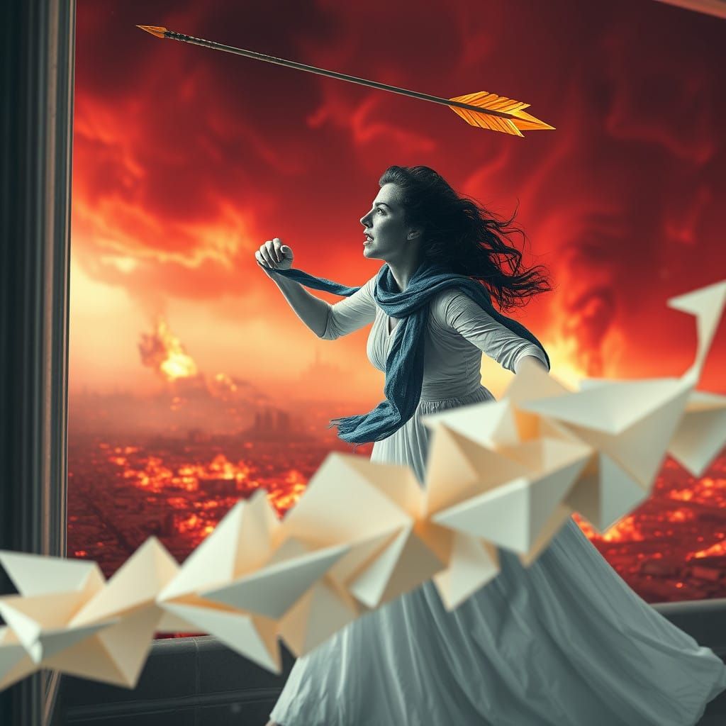 Desperate Woman Fleeing Crimson Apocalypse in Dreamlike Wate...