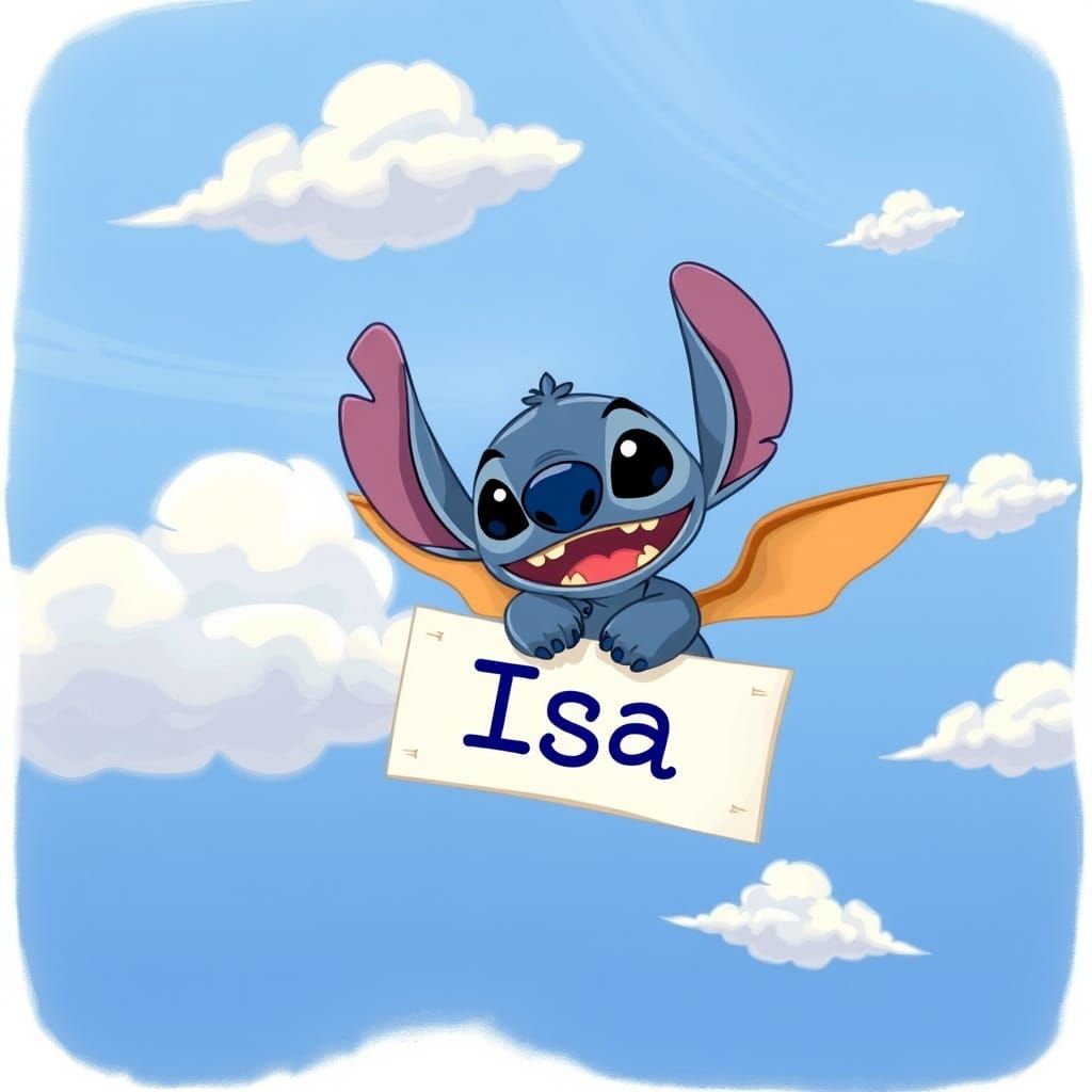 Whimsical Disney-Inspired Illustration of Stitch in Flight