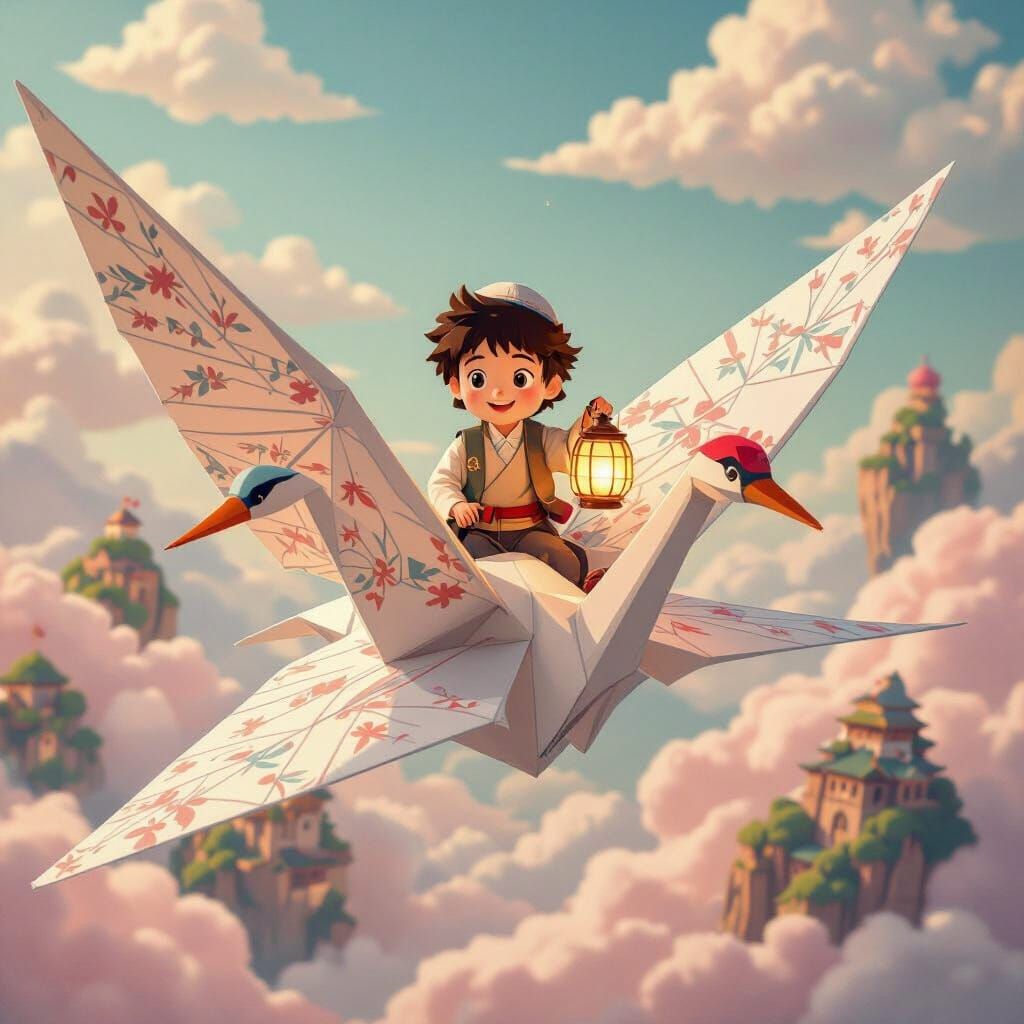Boy on Paper Crane Soaring Over Dreamy Landscape