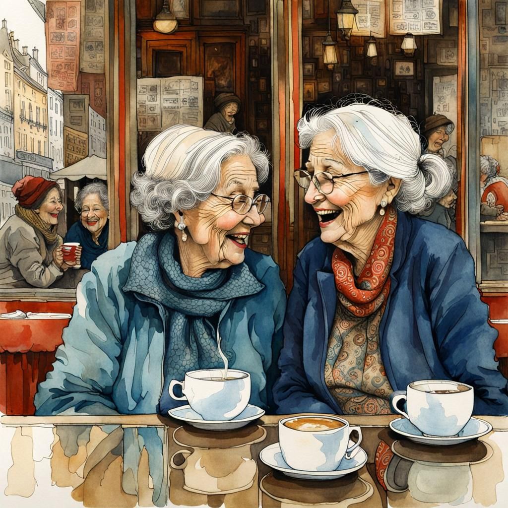 Ladies Laughing Together: Hyperdetailed Illustration