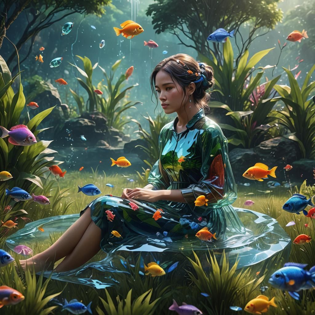 a woman made entirely of glass, filled with water and colorf...