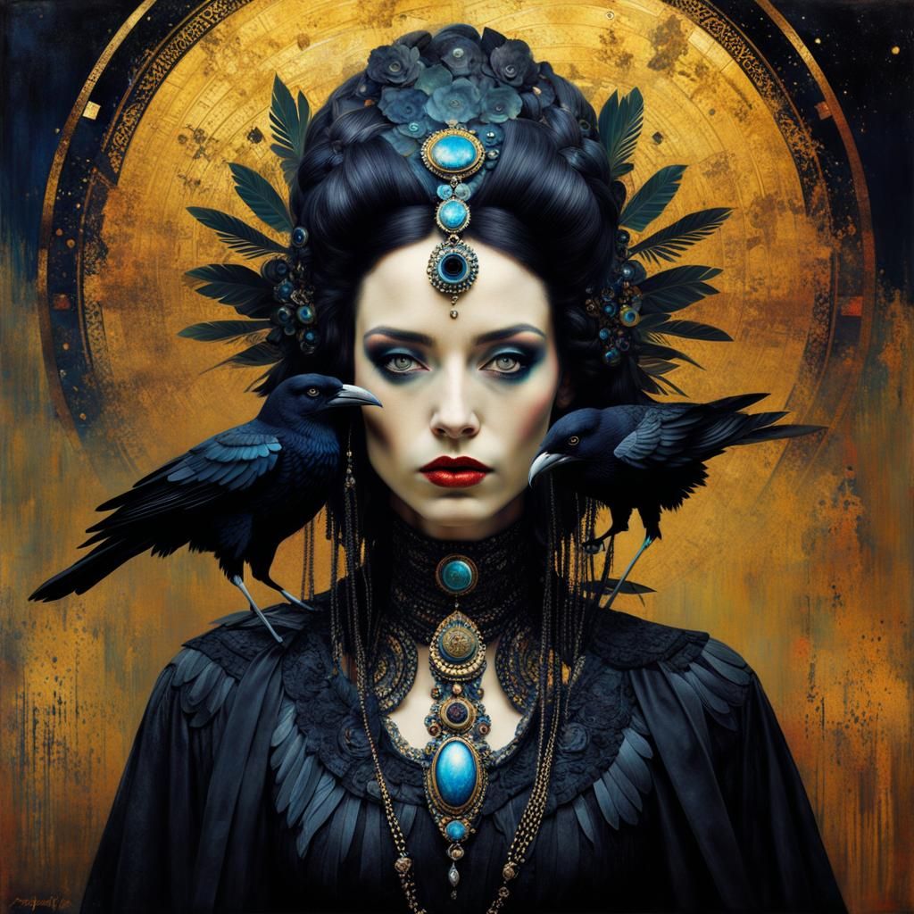 Surreal Raven Lady Portrait, Mystical Glitch Art