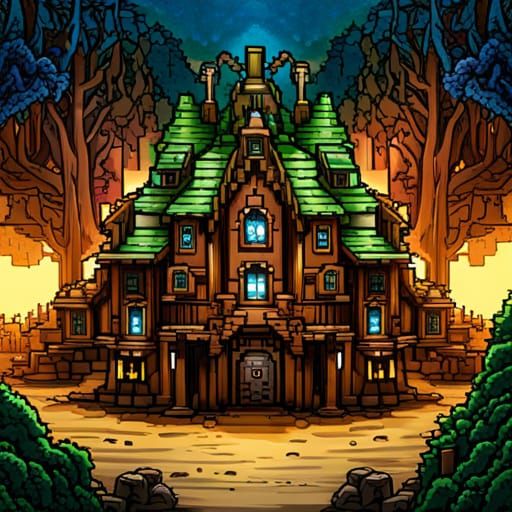 8-Bit Pixel Art Faerie Houses in Fantasy Landscape