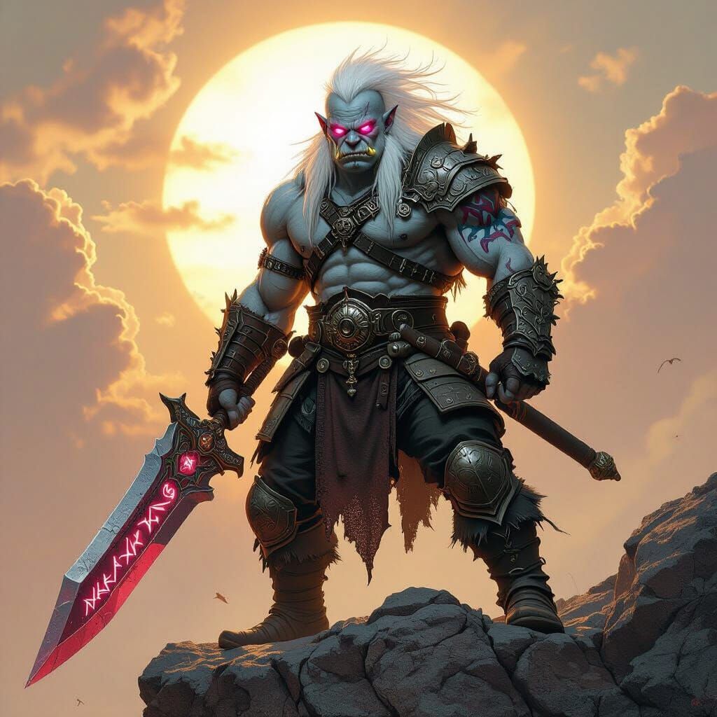 Albino Orc Warrior with Greatsword in Hyperrealistic Style