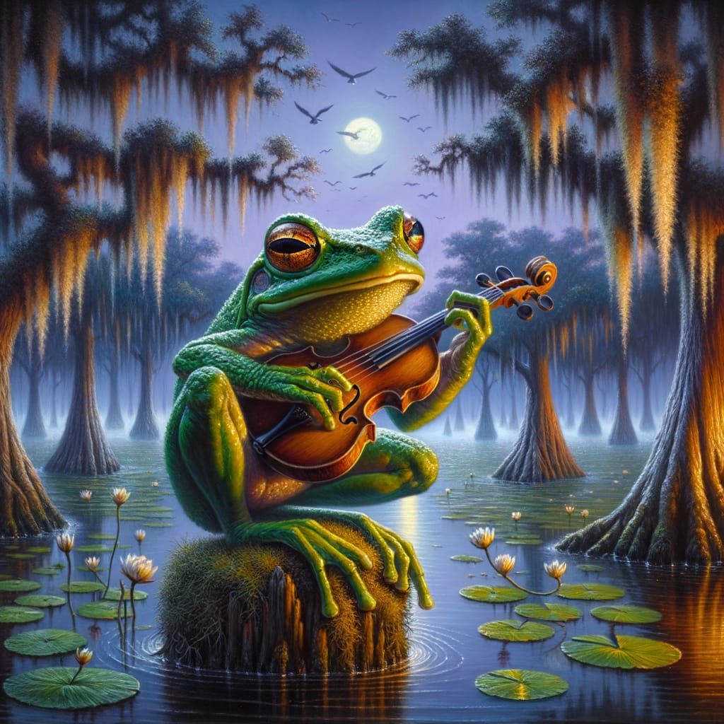 Frog Serenade: Oil Painting of Bayou at Twilight