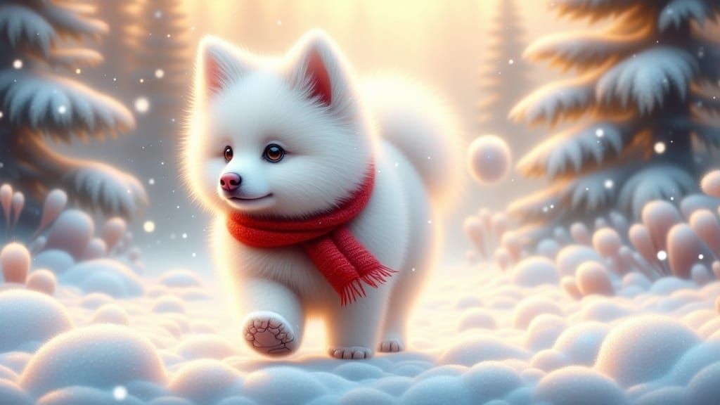 Serene Winter Wonderland with Fluffy Puppy as Wildlife Portr...