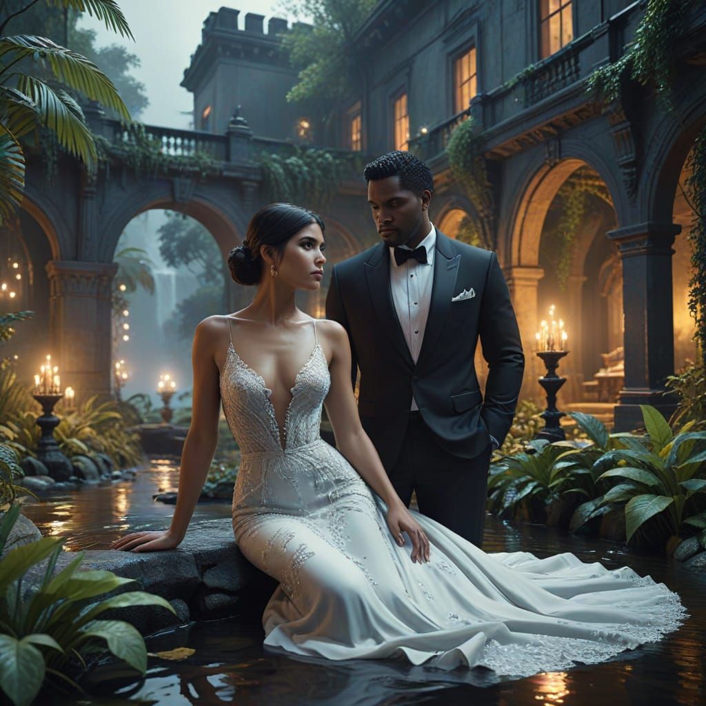 Romantic Evening in a Lush Garden Setting, in the Style of S...