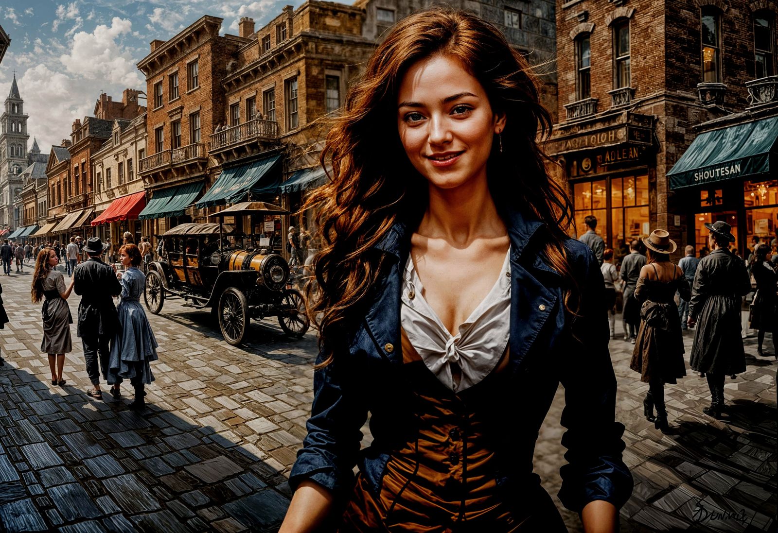 Steampunk Town Square: Red-Haired Woman in Oil Painting
