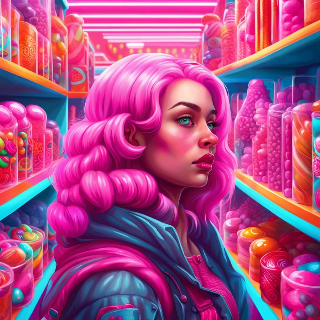 Cyberpunk Woman in Candy Store: Digital Illustration