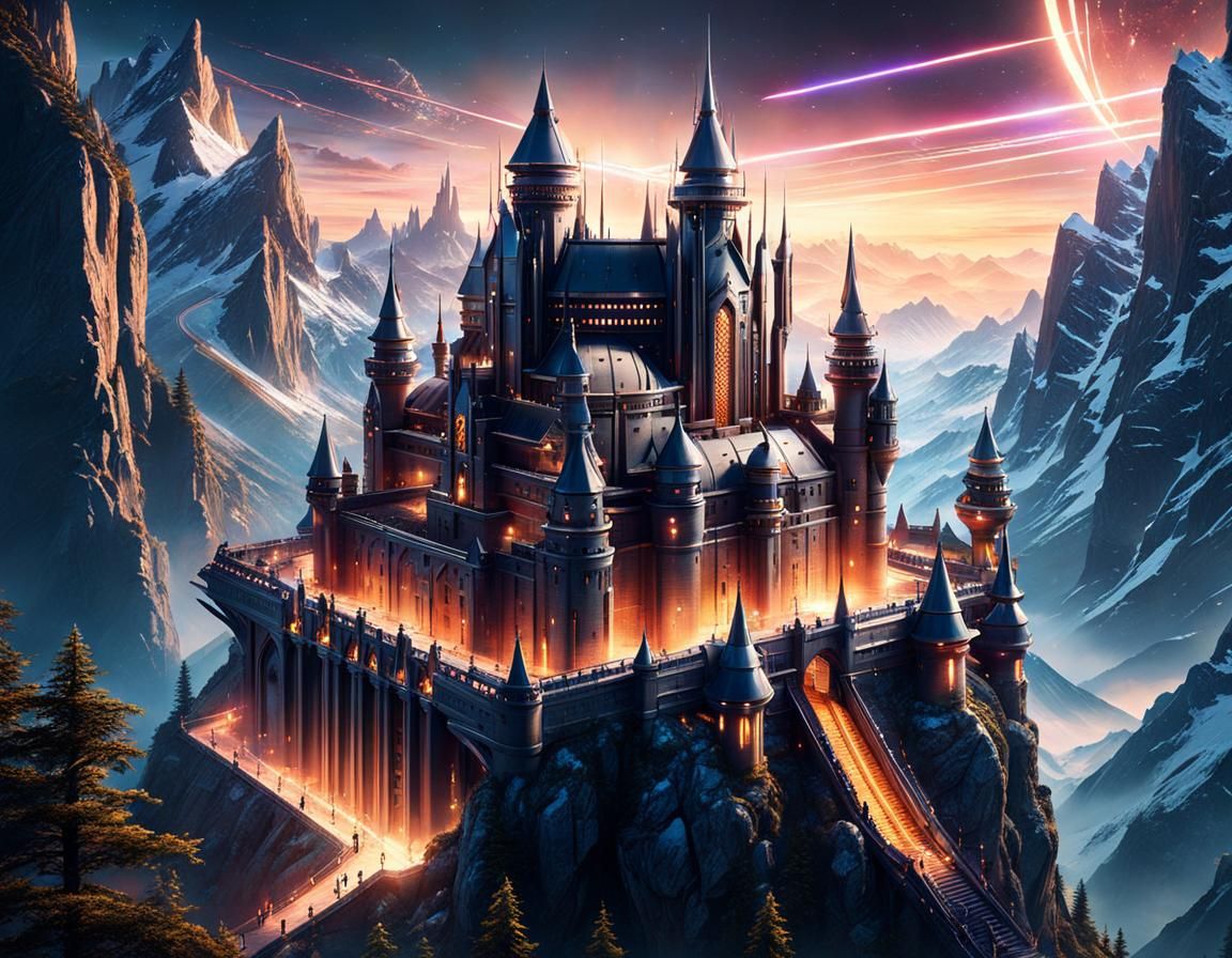 Futuristic Castle Laser Battle at Magic Hour