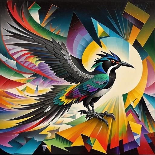 Rainbow Bird in Abstract Cubism Style