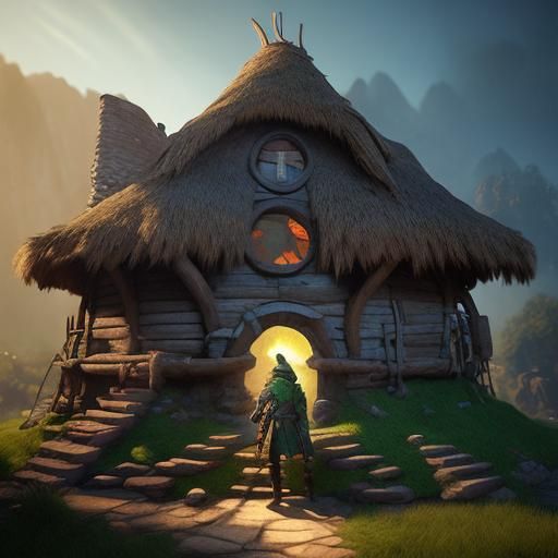 Gnome Artificer in Neolithic Village: 3D Digital Art