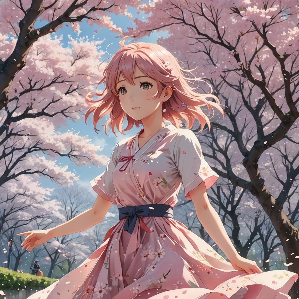 Anime Girl Catches Cherry Blossoms in Watercolor Style