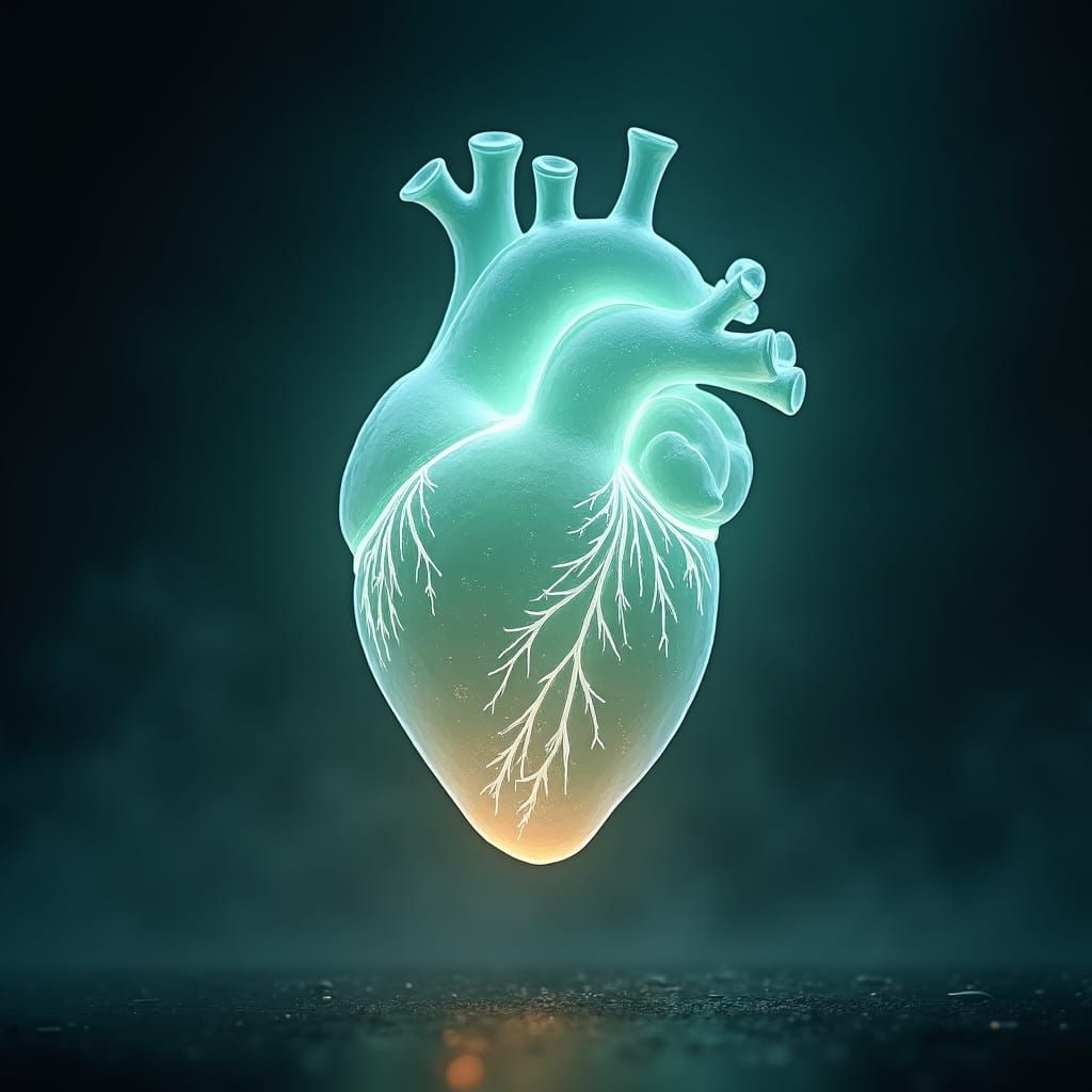 Ethereal Heart with Blue-Green Glow in Fantasy Realm