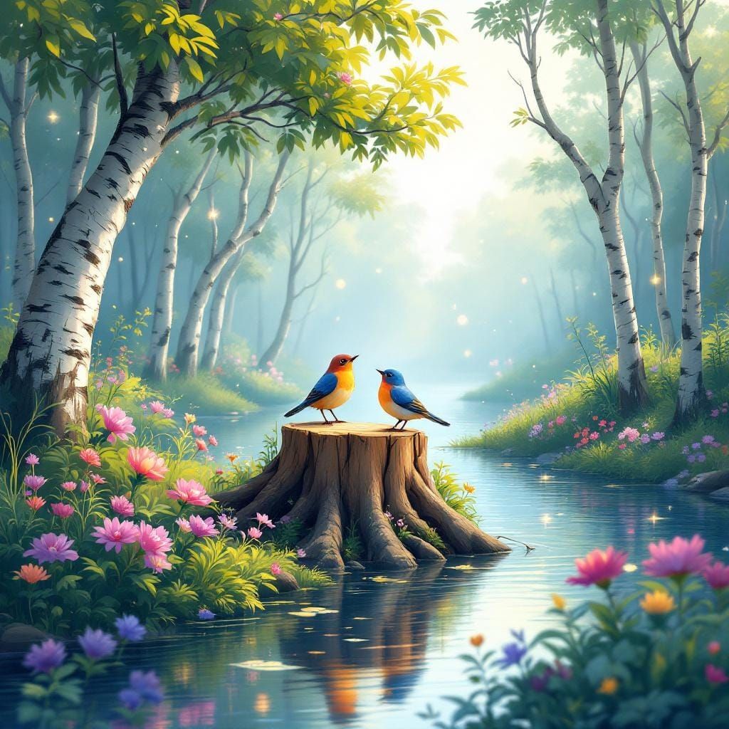 Magical Riverbank Scene with Birds and Flowers