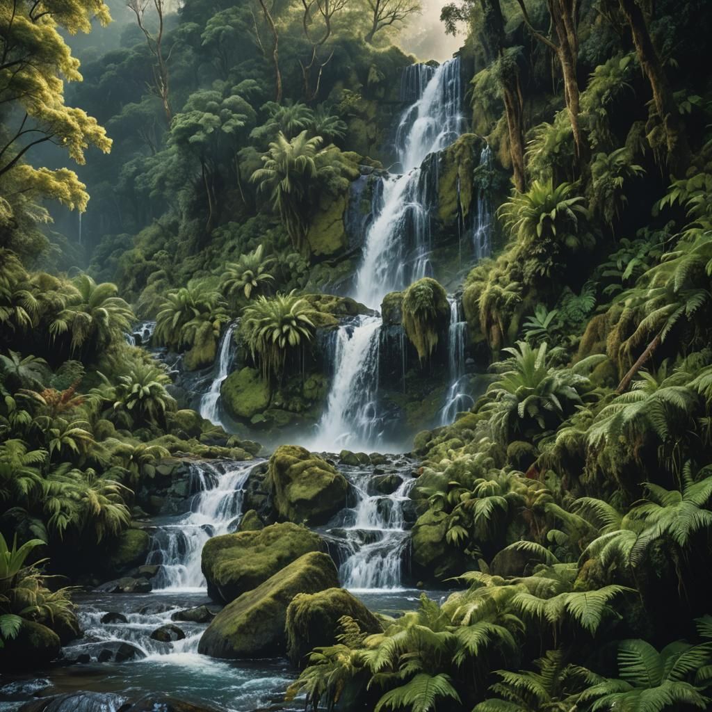 New Zealand Waterfall in Vibrant Iridescent Colors