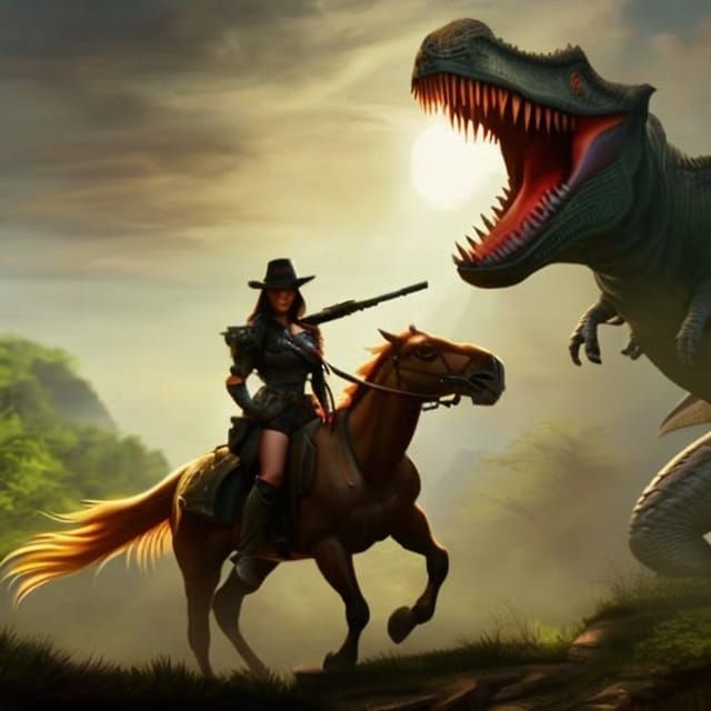 Cowgirl Battles Dinosaur in Jungle, Dark Fantasy Art