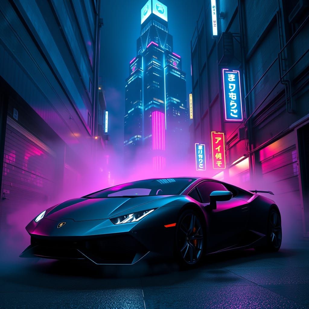 Cyberpunk Lamborghini Aventador Under Neon Skyscraper