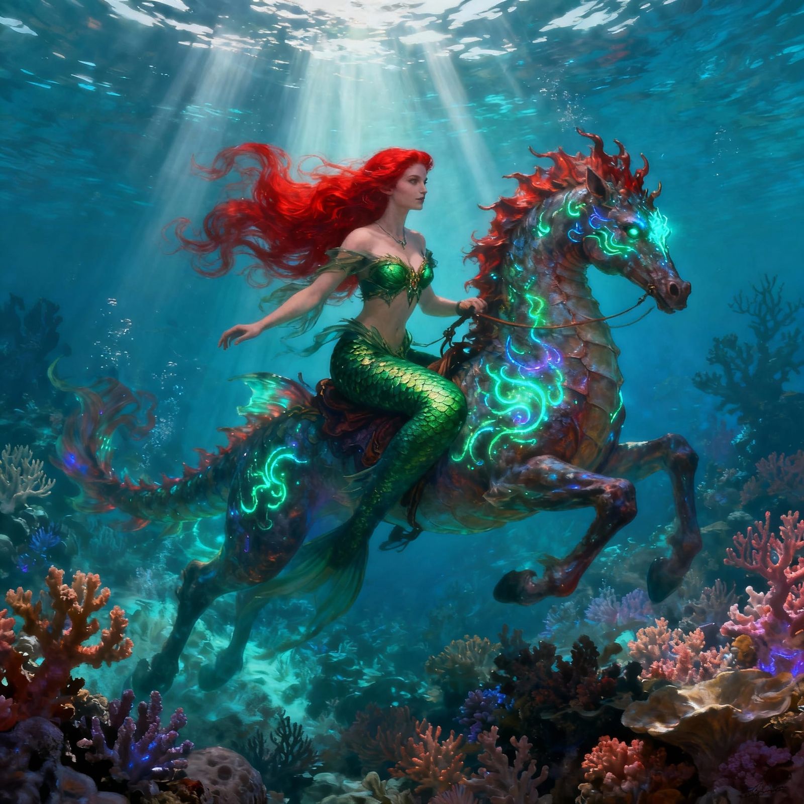 Mermaid Witch Rides Bioluminescent Sea Horse Through Coral R...