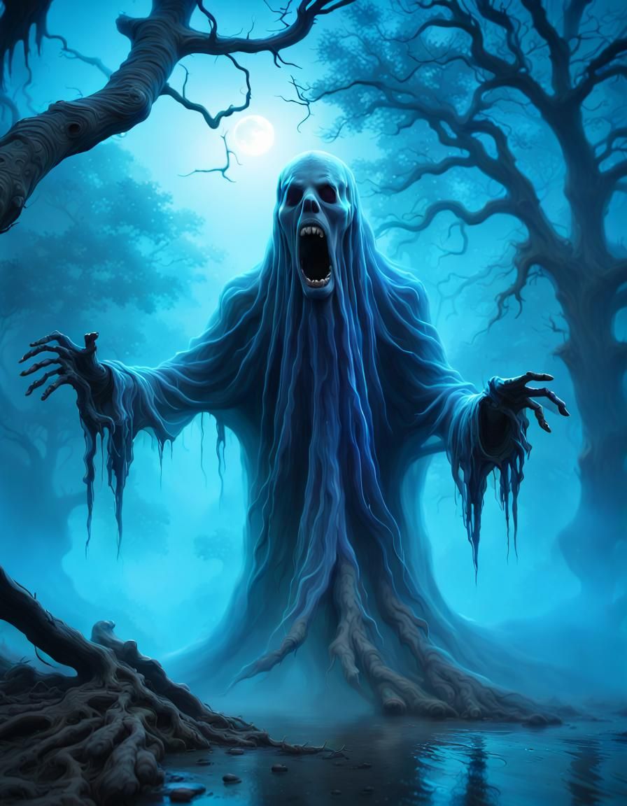 Luminescent Blue Ghost Screaming in Bayou River