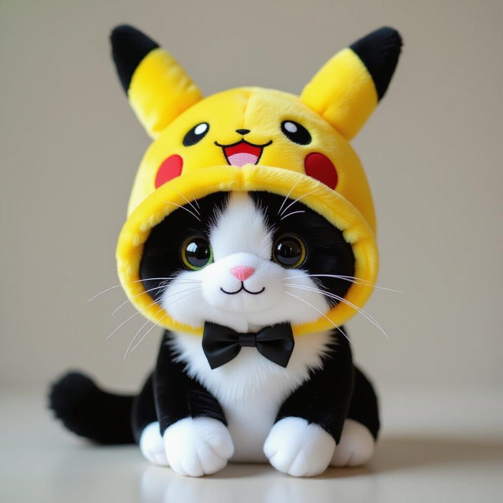 Tuxedo Cat Plushie in Pikachu Hat, Anime Style