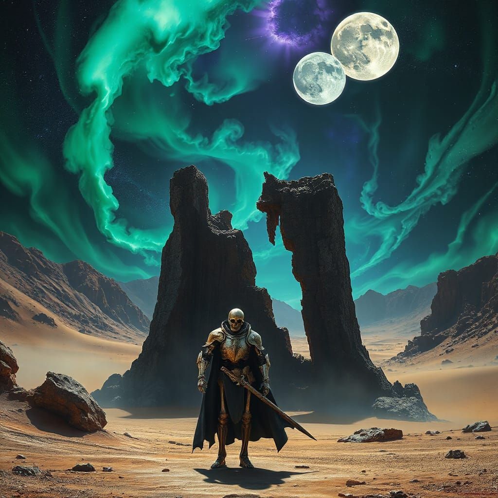 Skeleton Knight Guards Crumbling Obsidian Gate in Alien Dese...