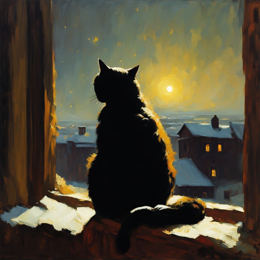 Black Cat Under Starry Night in Baroque Oil Painting Style