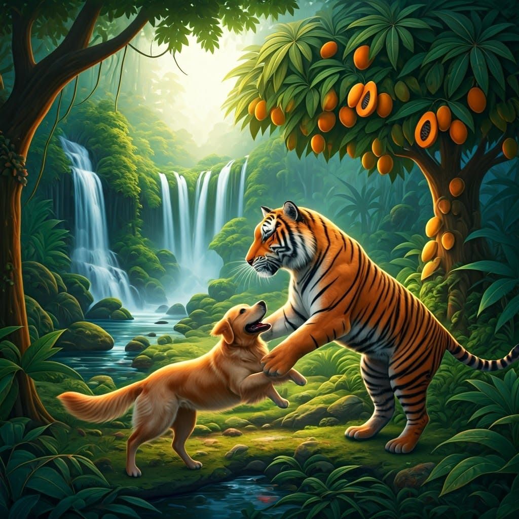 Tiger and Dog Play in Jungle, Naive Art Style