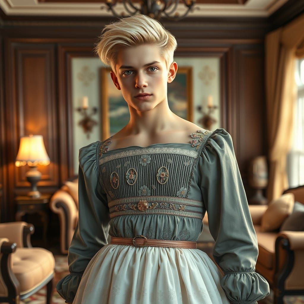 Confident Young Man Poses in Handcrafted Dress with Smocking...