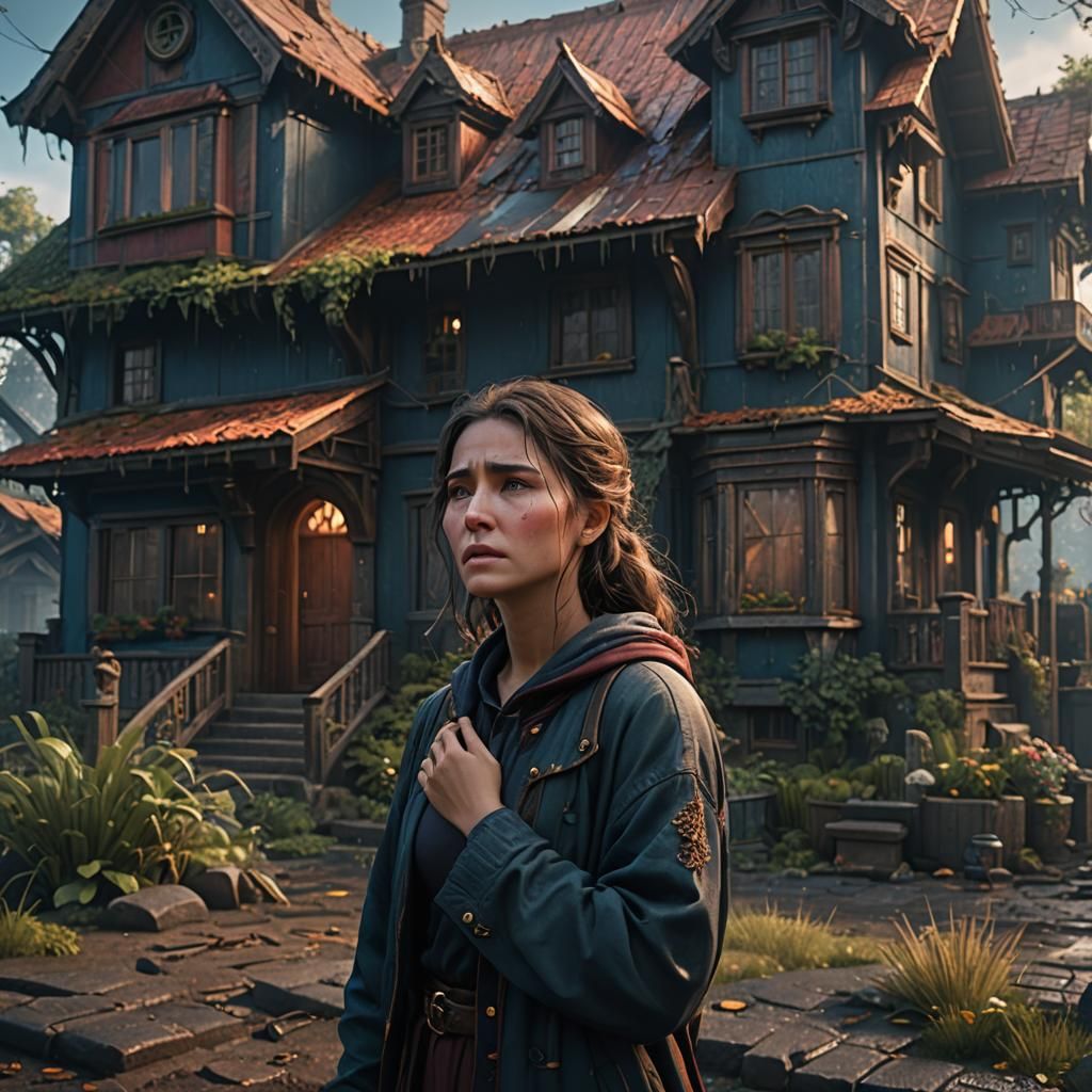 Crying Woman in Front of House: Detailed Matte Painting