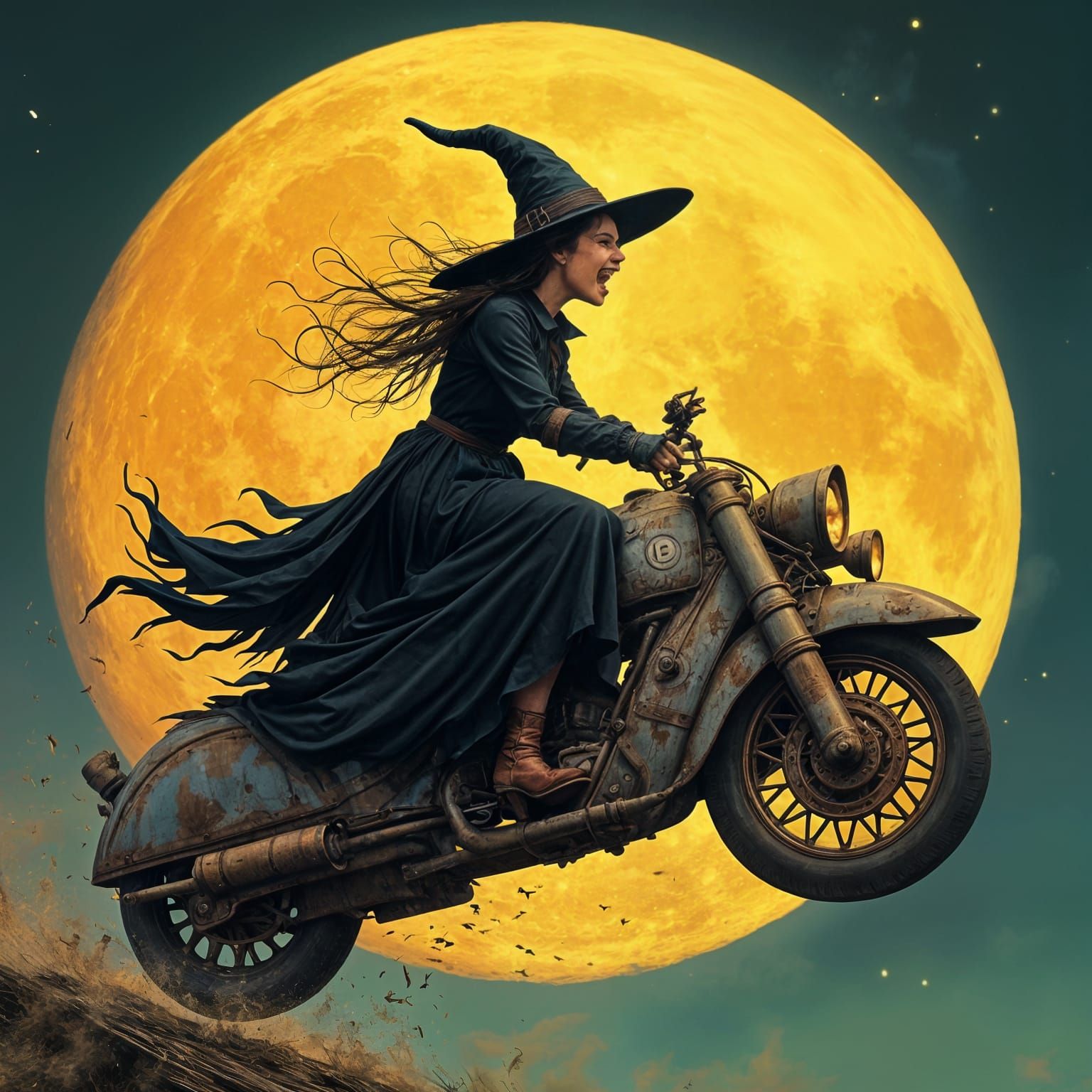 Menacing Witch Rides Vacuum Cleaner Across Full Moon