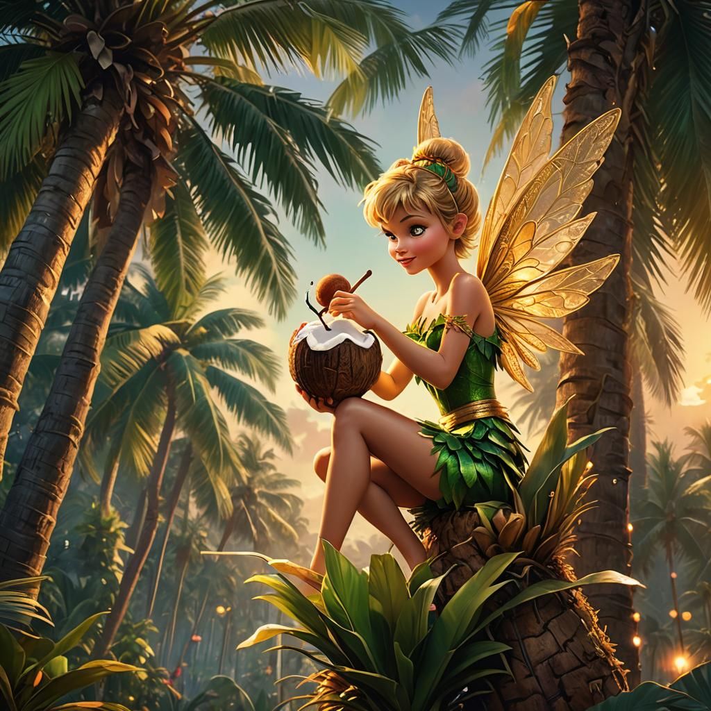 Tinkerbell Eating Coconut: Whimsical Fantasy Art