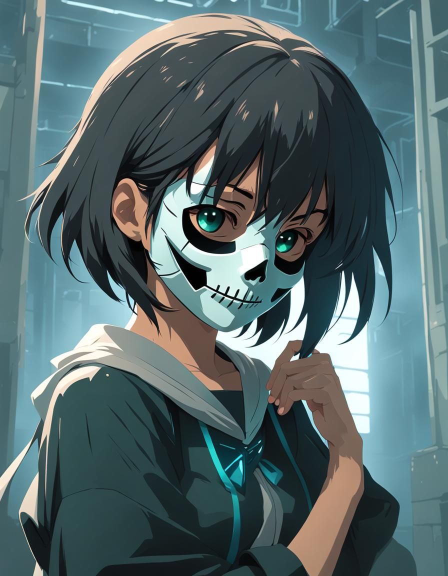 Girl with Death Mask in Anime Style