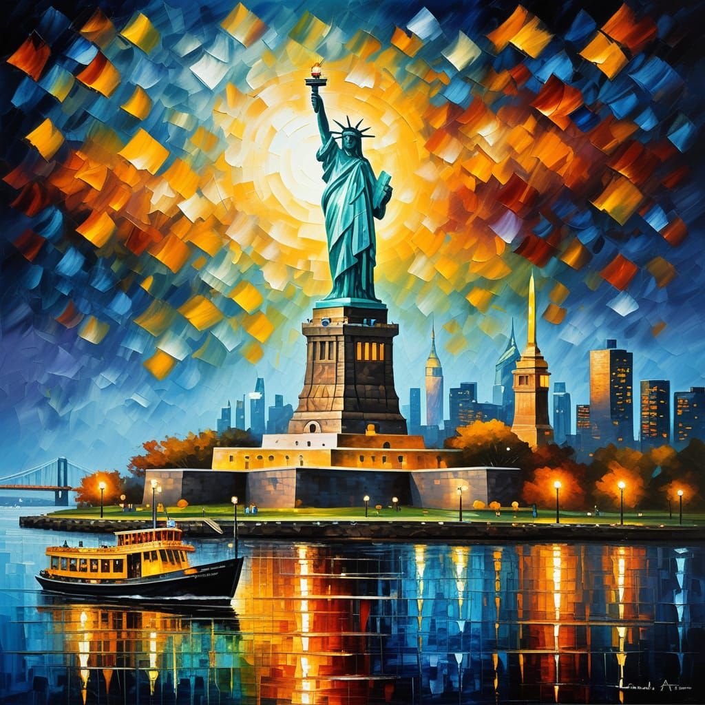 Golden Statue of Liberty in Impressionistic Rainy Cityscape